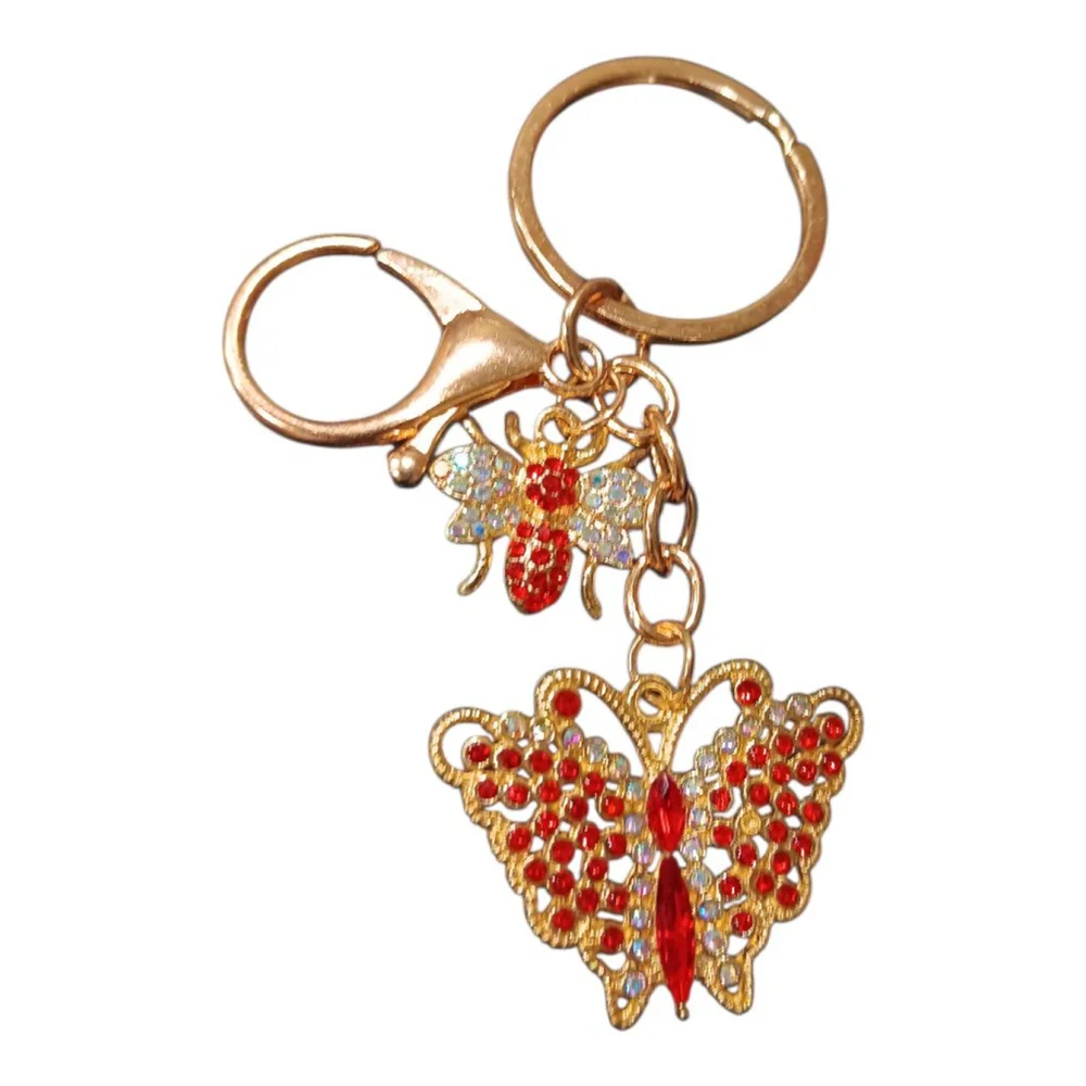 Beautiful Ruby Rhinestone Butterfly Bumblebee Gold Tone Keychain Purse Charm